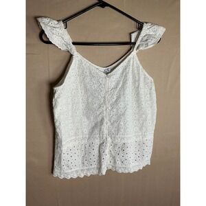 Design History White Eyelet Cotton Ruffle Strap Button Front Tank Top Size 8